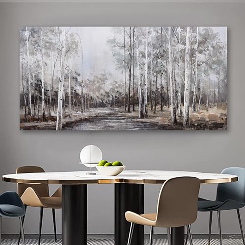 White Birch Tree Wall Art Grey Forest Painting Abstract Canvas Art Landscape Panoramic Picture Nature Artwork Framed for Living Room Bedroom Dinning Room Home Office Wall Decor 48"x24" - color: Grey, size: 48"L x 24"W