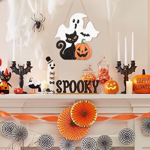 Halloween Decoration Wooden Ghost Door Halloween Wreaths for Front Door Sign Wall Signs Decor, Pumpkin Black Cat Wreath Sign Hanging for Home Wall Decor Outdoor Indoor Farmhouse Party Supply
