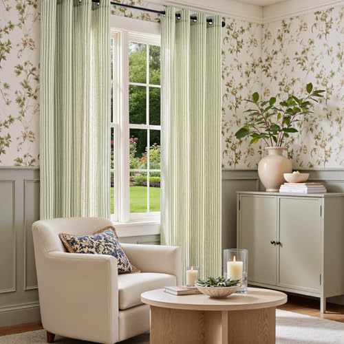 Vangao Linen Striped Curtains for Living Room Bedroom Farmhouse - color: Boxter Striped| Green on Beige, size: 50"W x 63"L (Pack of 2)