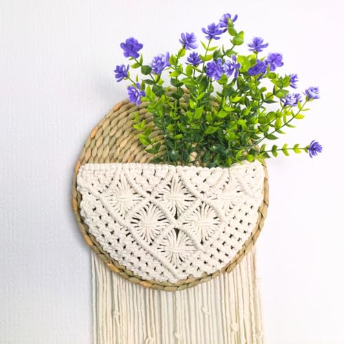 Macrame Wall Basket with Purple Eucalyptus Camellia, Macrame Plant Hanger, Hanging Planter Basket Holder, Boho Wall Decor, Garden Balcony Flower Holder, Home Decor Gift, 10" 31", Cotton Cord