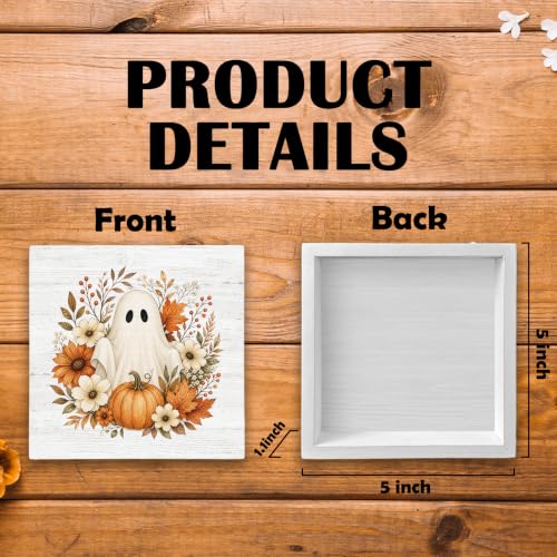 Halloween Fall Ghost Pumpkin Floral Wood Box Sign Desk Decor 5X5