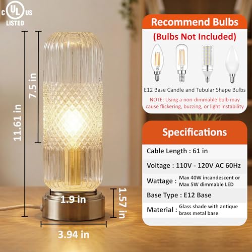 Buruis 11.6 Inch Touch Dimmable Table Lamp with Ribbed Glass Shade, Clear - color: Clear