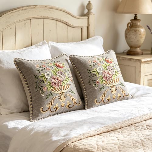 2 Pcs Gray Chenille Vintage Embroidered Throw Pillow Covers 18x18in,Grey Tassel Vintage Pattern Pillow Covers, Floral Embroidered Cushions Covers for Sofa Couch Bed Chairs Car - color: Grey