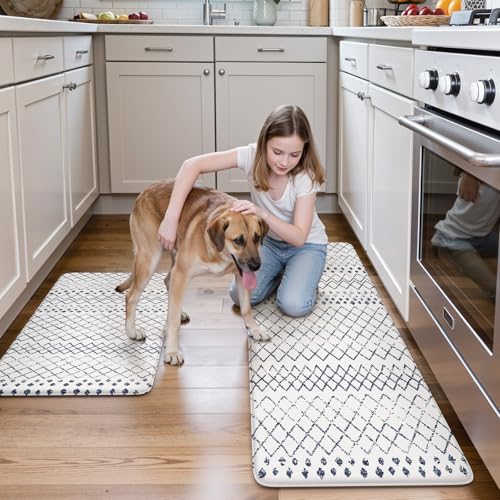 KIMODE Kitchen Mats 2PCS Cushioned Anti Fatigue Boho Kitchen Rugs and Mats - color: Light Blue Diamond, size: 17.3" x 47 "+ 17.3" x 29 "--0.47 inches