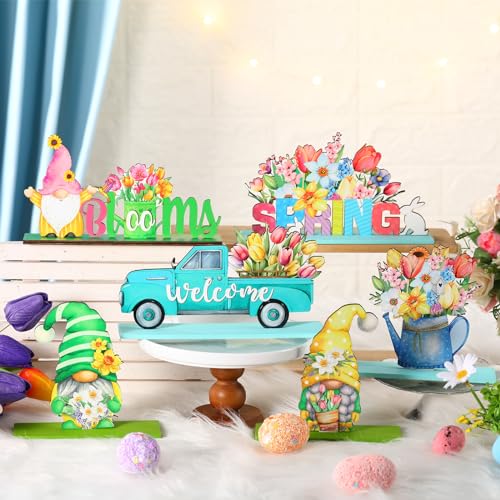 6 Pcs Spring Table Decorations Wood Tabletop Sign Spring Table Centerpieces Rustic Freestanding Tabletop for Home Restaurant Farmhouse Home Kitchen Shelves Party Decor(Gnome) - style: Gnome
