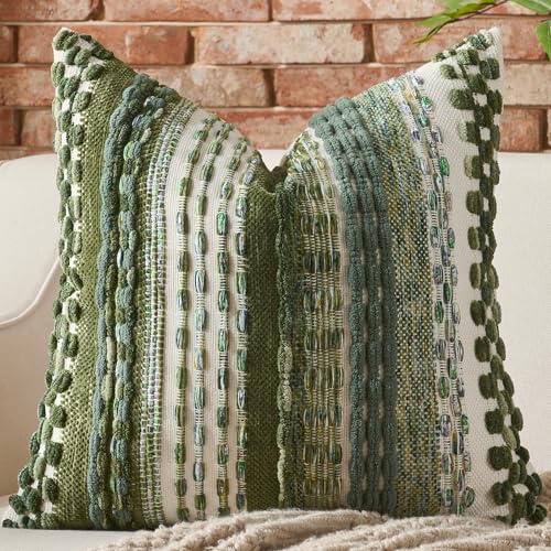 AmHoo Chenille Tufted Striped Textured Boho Throw Pillow Covers Aesthetic Woven Decorative Pillow Case for Couch Bed Sofa Bedroom Modern Funky 18 x 18-Inch Sage Green - color: Sage Green, size: 18" x 18" (Pack of 1)