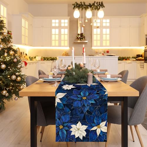 Christmas Navy Blue Poinsettia Table Runner Burlap 13x108 Inch - color: Blue Poinsettia, size: 13" x 108", Table Runner