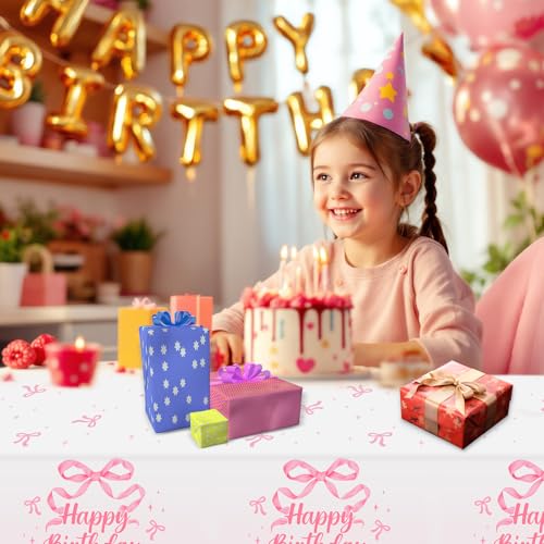 3 Pack Coquette Pink Bow Plastic Tablecloth, Happy Birthday Table Cloth - color: Pink Bow