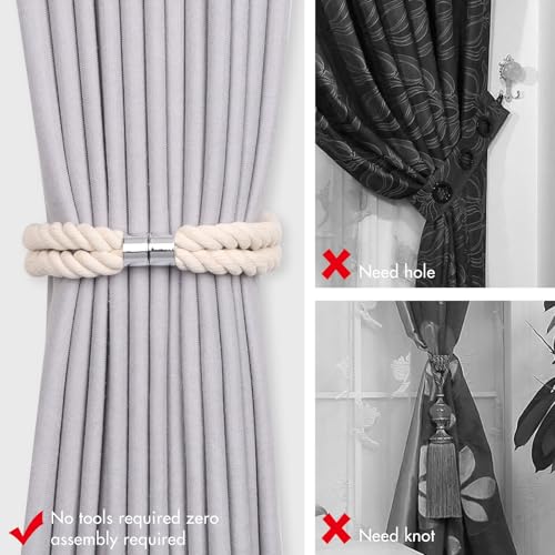 NICEEC Natural Cotton Rope Magnetic Curtain Tiebacks, 4 Pack, Beige - color: Beige, size: 4 Pack
