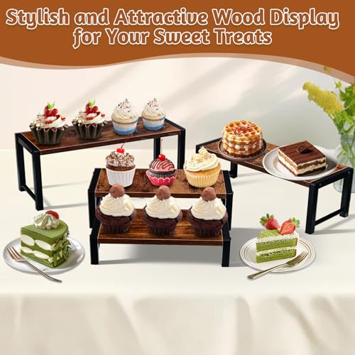 NANXITU 4 Pcs Wood Risers Display Stand,Solid Wood and Metal Cupcake Holder