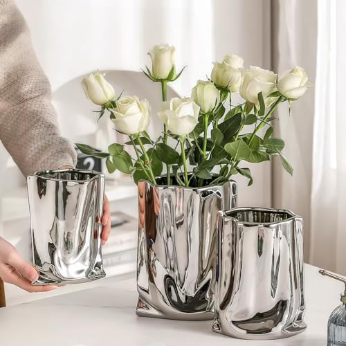 Ceramic Flower Vase, Crinkle Paper Bag Shape, Silver Metal, Modern Home Decor (X-Large) - size: X-Large