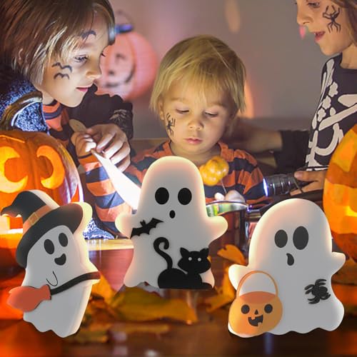 3 Pcs Halloween Decorations Indoor, Cute Ghost Halloween Tabletop Decor, Wooden Tiered Tray Decor, Black Cat, Bat, Witch Broom Signs for Party Home Shelf Display