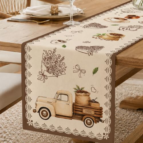 Retro Coffee Cup Table Runner, Farmhouse Rustic Linen Runner 13x72 in - color: Brown