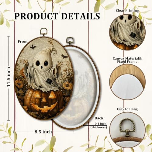 JQF Halloween Pumpkin Witchy Ghost Oval Wall Decor Framed 8.5x11.5 Inch - color: fall ghost-1