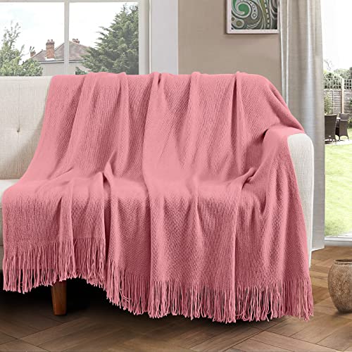 Vonty Dusty Pink Knitted Throw Blanket with Tassels Fringe, 50x60 Acrylic - color: Dusty Pink, size: 50" x 60"