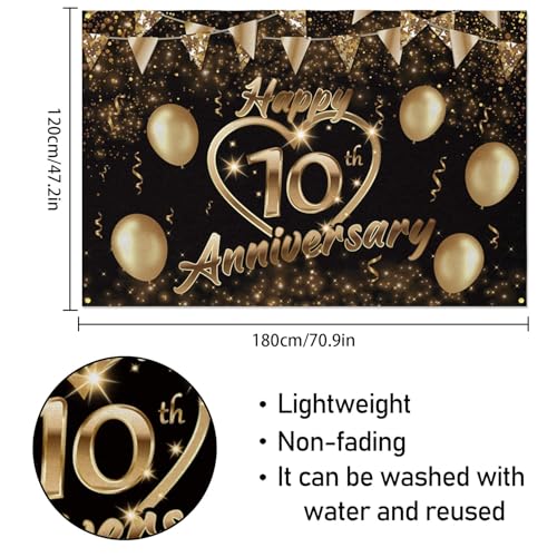 Happy 10th Anniversary Backdrop Party Decorations, Black Gold Glitter Bokeh Dots Valentine's Day Wedding Anniversary Party Photo Background Cake Table Banner Extra Large Wall Decor Props. 6 * 4ft (10) - color: 10