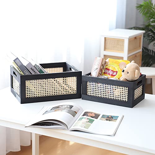 Wicker Wood Storage Baskets with Handle, Set of 2, Black - color: Black, size: Large & Small (Set of 2)