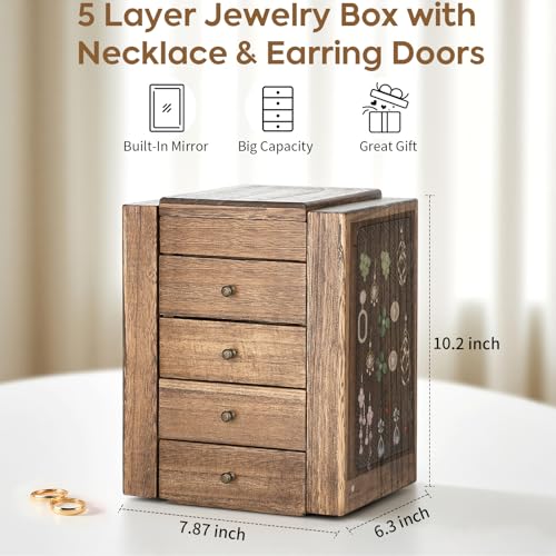 Meangood Jewelry Box Wood for Women, 5-Layer Large Organizer Box with Mirror & 4 Drawers for Rings, Earrings, Necklaces, Walnut - color: Walnut, size: 4-Drawer