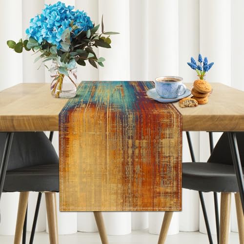 Burnt Orange Farmhouse Table Runner Vintage Abstract Blue and Orange Table Runner Messy Rust Painting Coffee Table Runners for Kitchen Dining Table Home Decor 71in - color: Blue Orange, size: 13"x 71"