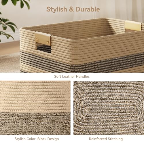 Nunsino 96L Blanket Basket with Leather Handles,Laundry Basket,Dark Brown - color: Dark Brown, size: 96L