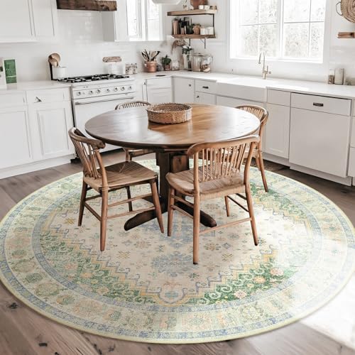MUJOO Round Rugs 6ft Circle Area Rug Washable Boho Low Pile Green and Blue - color: Green and Blue, size: 6' (Round)
