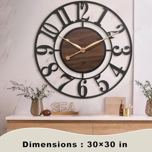 30 Inch Black Arabic Numeral Large Wall Clock with Walnut Dial - color: Brown, size: 30 Inch