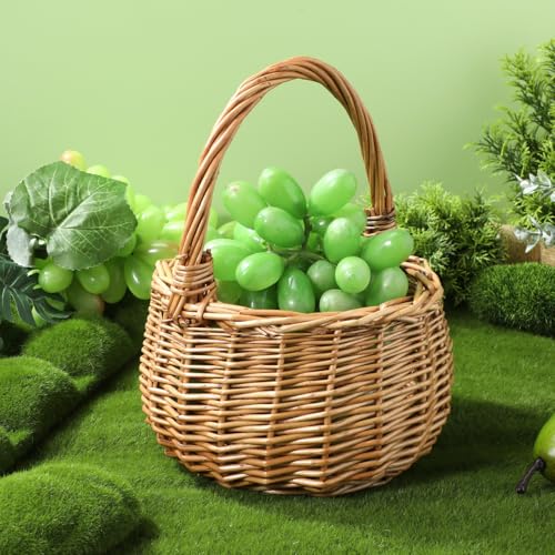 MAGICLULU Wicker Flower Basket with Handle Small Willow Woven Wedding Girl Basket for Candy Picnic Petals Rattan Storage Bin for Home Garden Decor, 8.66 x 6.10In, Light Brown