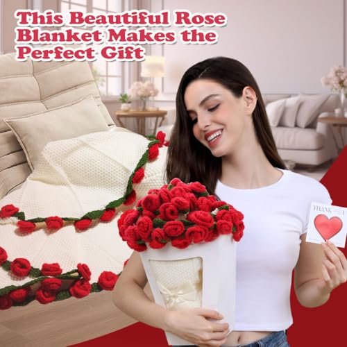 Rose Crochet Flower Bouquet Blanket, Handmade Knitted Throw Blanket - color: White, size: Medium