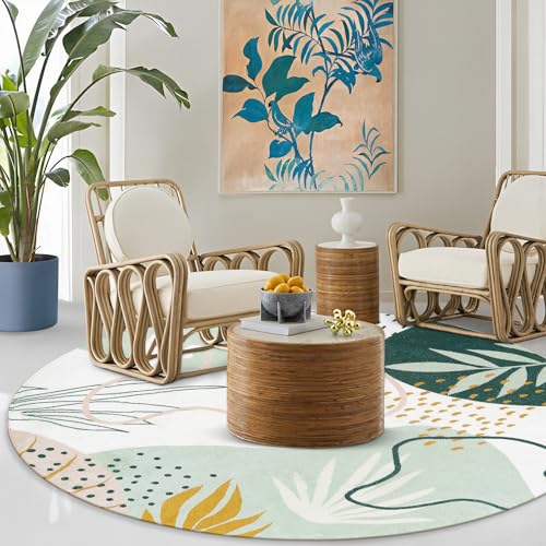 Lahome Green 8 Ft Round Rug - Washable Round Area Rug for Living Room Throw Soft Boho Round Rug Large Non-Slip Dining Room Rug, Botanical Print Round Carpet for Bedroom Office (Green,8'x8') - color: Green, size: 8' (Round)