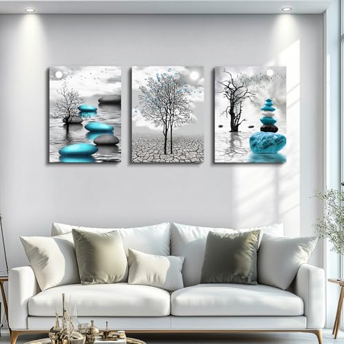 Canvas Wall Art for Living Room Wall Decor for Bedroom Bathroom Black and White Paintings Modern 3 Piece Framed Canvas Art Prints Ready to Hang Inspirational Abstract Blue Pictures Home Decorations - color: Blue Stone Pictures, size: 20x28inches*3pcs
