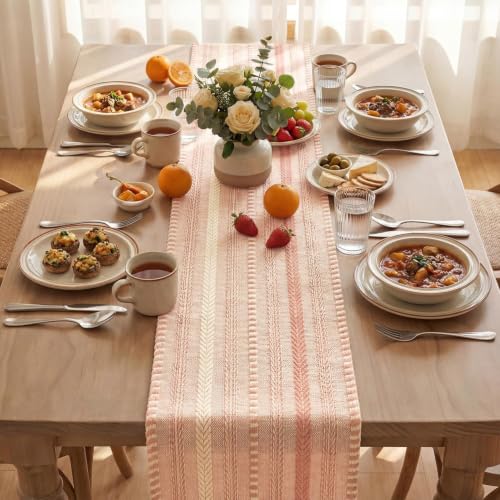 Artoid Mode Pink Farmhouse Stripe Braided Table Runner 12x72 Inch - color: Pink, size: 12" x 72", Table Runner
