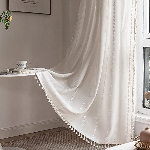 Deeprove White Boho Curtains 84 Inches Long for Bedroom Living Room, Cream Chic Linen Cotton Embroidered Semi Blackout Bohemian Farmhouse Window Treatment Drape Vintage Tassels, 1 Panel W52 x L84 - color: White, size: 52"W x 84"L (Pack of 1)
