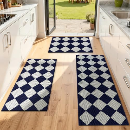 SHACOS Kitchen Rugs Set of 3 Checkered Kitchen Mats for Floo, Blue/White - color: Blue/White, size: 17"x30"+17"x47"+17"x59"