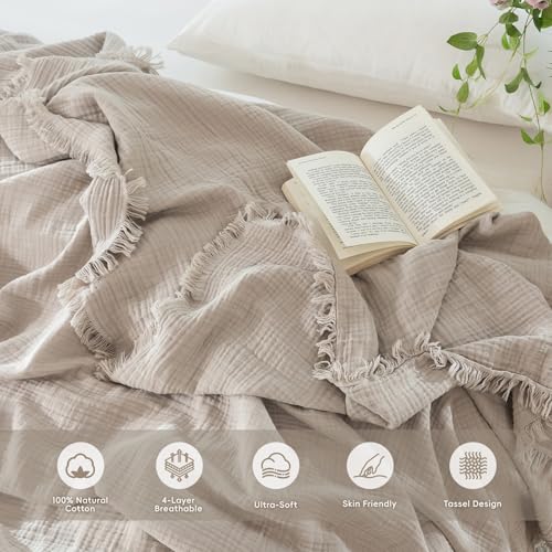 MooMee 100% Cotton Muslin Blanket, Fringed 4-Layer Gauze Bed Couch Throw - color: Cream Grey, size: Twin XL