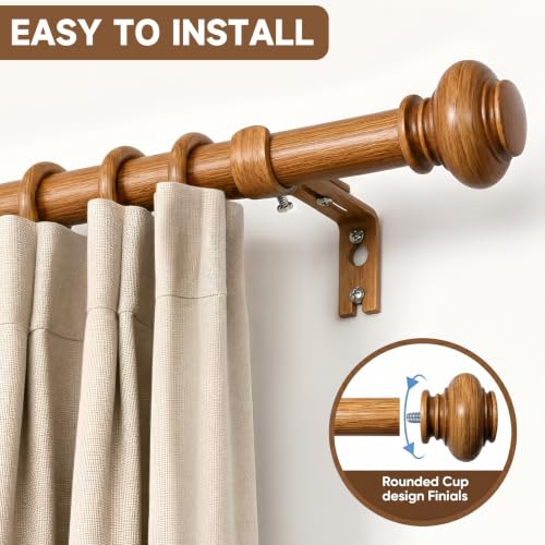 SIMEWIN Wood Curtain Rods for Windows 28 to 48 Inches Adjustable Decorative 1 Inch Diameter Wooden Window Curtain Rod Set with Classic Finials, Wood Finishing - color: Wood, size: 28"-48"