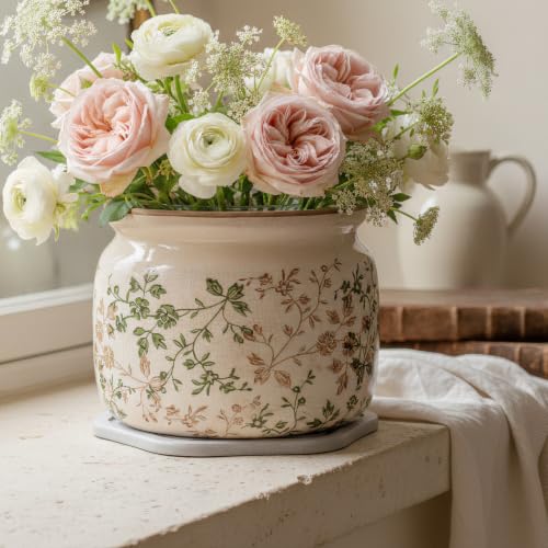 Country Cottage Ceramic Plant Pots with Decorative Tray, Plant Lover Gifts - color: Sage Beige, size: 7.7 in - w/ Saucer