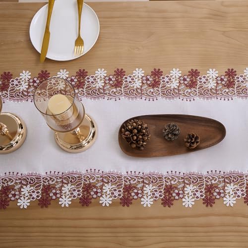 White Dark Red Floral Lace Table Runner Dresser Scarf (16” x36”) - size: 16” x36”