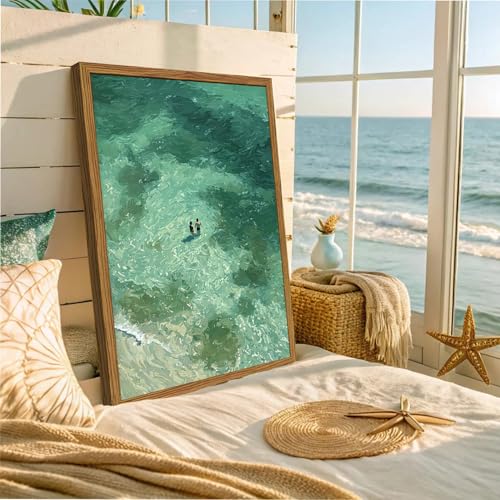 Framed Two People Swimming Wall Art, Green Summer Beach Pictures Wall Decor, Minimalist Abstract Coastal Paintings Canvas Prints Beachy Home Decor for Living Room Bedroom Bathroom 16x24 inch - color: Green Swimmer, size: 24"L x 16"W