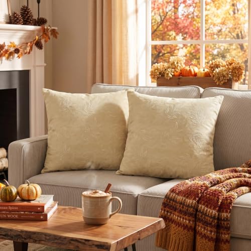 AVOIN colorlife Beige Jacquard Decorative Throw Pillow Covers Set of 2, 18 x 18 Inch Laurel Leaves Woven Textured Cushion Case Home Decor for Couch Sofa Bed - color: Beige