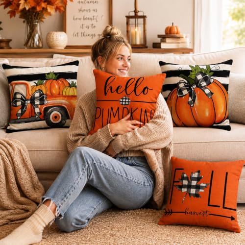 Fall Throw Pillow Covers for Home Strip Pumpkin Pillowcase 18x18 Set of 4 - color: Fall 01