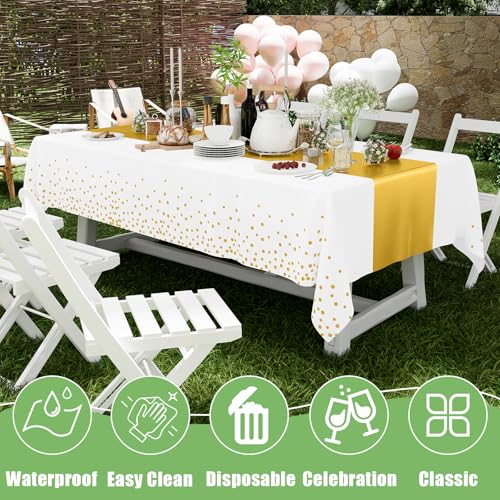 Smiry Disposable Rectangle Plastic 54 x 108 Inch Table Cloth 3 Pack - color: White and Gold