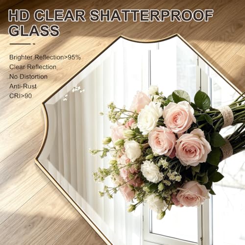 POZINO 36"x24" Premium Brushed Gold Rectangle Beveled Mirror for Bathroom - color: Brushed Gold Scalloped, size: 36"L x 24"W