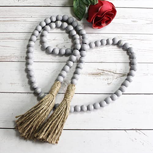 CVHOMEDECO. Wood Beads Garland with Tassels Farmhouse Rustic Wooden Prayer Bead String Wall Hanging Accent for Home Festival Decor. Grey Distressed - color: Grey