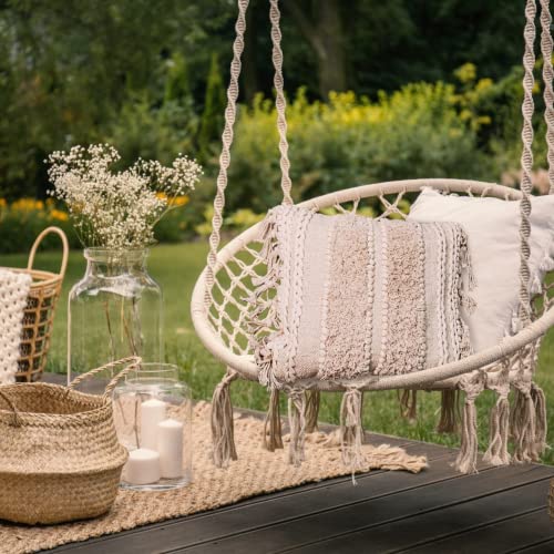 Decorative Boho-Chic Square Pillow Cover 18x18 Handwoven Tufted Braided Cotton Accent Pillows, Neutral Throw Cushion for Couch, Sofa or Bed, Farmhouse & Bohemian Home Decor, Trendy USA Design - color: Ivory - Square 18x18