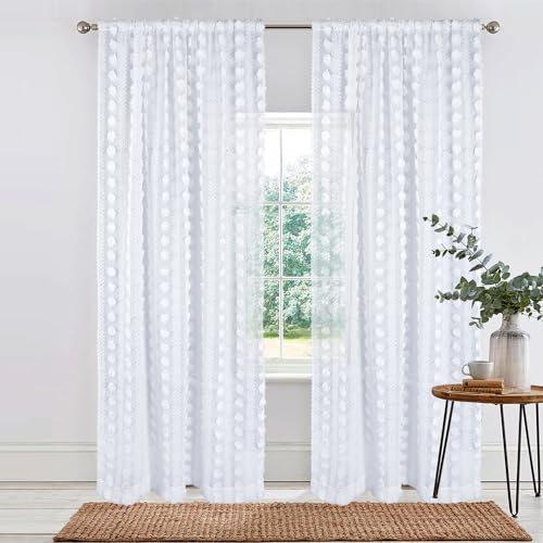 White Boho Sheer Curtains Poms 63 inches Long 2 Panels Embroidered Tuft - size: 54"W x 63"L (Pack of 2)