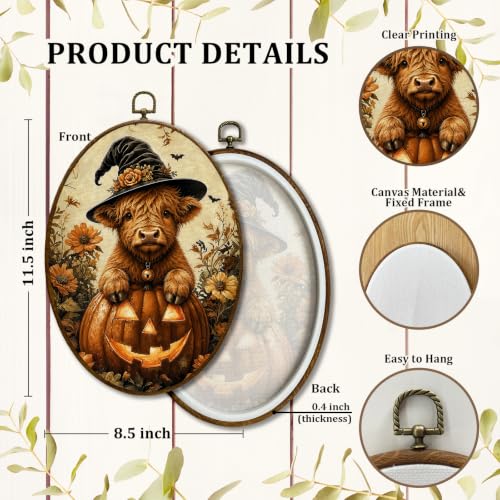 JQF Halloween Highland Cow Witchy Oval Wall Decor Framed 8.5x11.5 Inch - color: fall cow-1