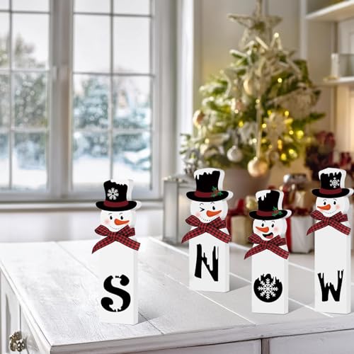 Christmas Wooden Snowman Decorations Indoor – 4 Pcs Snowman Block Merry Christmas Sign – Rustic Winter Tiered Tray Decor Table Centerpiece for Mantel Kitchen Holiday Home Decorations - style: Snowman