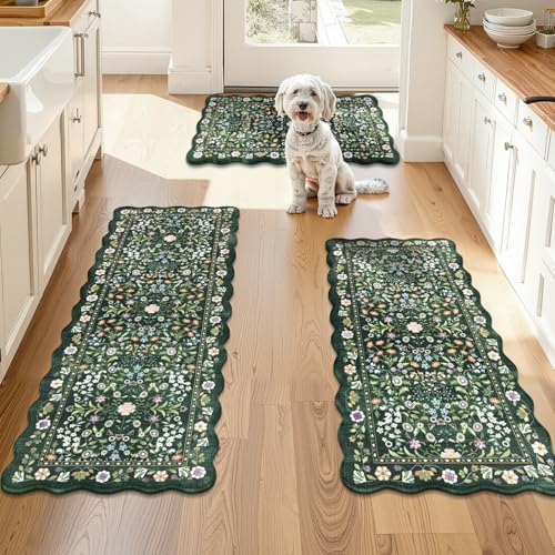 Yamaziot Boho Anti Fatigue Kitchen Rug Set of 3 Scalloped Non-Slip, Green - color: Green & Black, size: 17.3"x29"+17.3"x35"+17.3"x47"