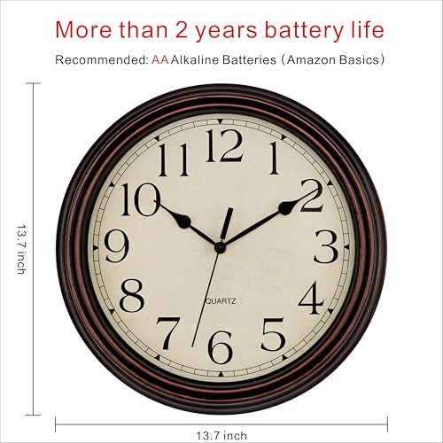 Foxtop 14 Inch Retro Wall Clock Round Silent Battery Operated Clock, Bronze - color: Bronze Classic Vintage, size: 14 Inch