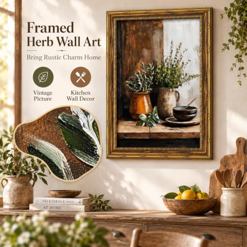 Vintage Gold Framed Canvas Wall Art 12×16 Inch Herb Still Life Picture Poster Rustic Wall Decor for Kitchen Dining Room Farmhouse Home Decoration - color: Vanilla, size: 16"L x 12"W
